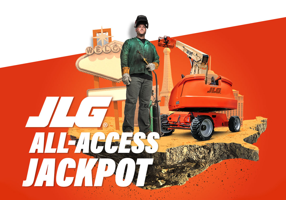 Man with JLG equipment, Las Vegas sign in background, headline says JLG ALL-ACCESS JACKPOT