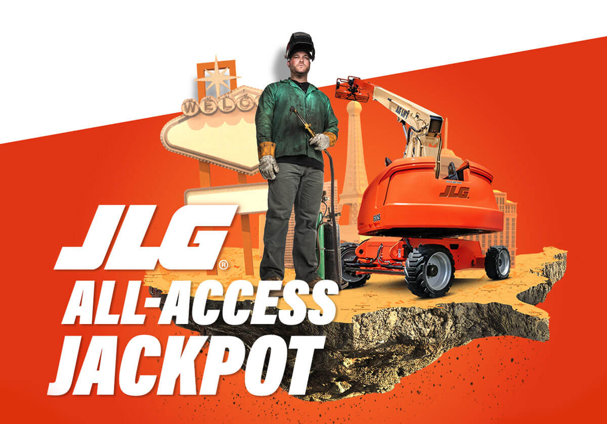 Man with JLG equipment, Las Vegas sign in background, headline says JLG ALL-ACCESS JACKPOT