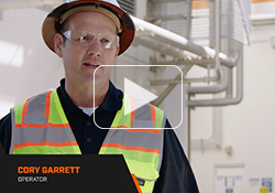 Still image of scissor lift operator Cory Garrett from interview video.